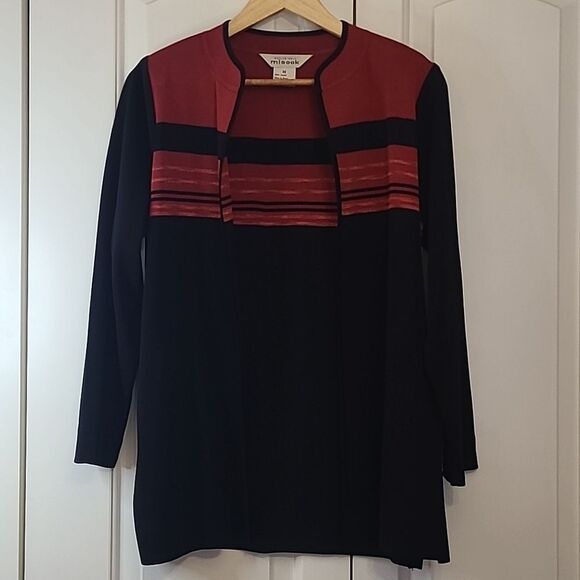 Exclusively Misook Long Sleeve Open Front Cardigan Blazer Black Red Size M - Picture 1 of 10